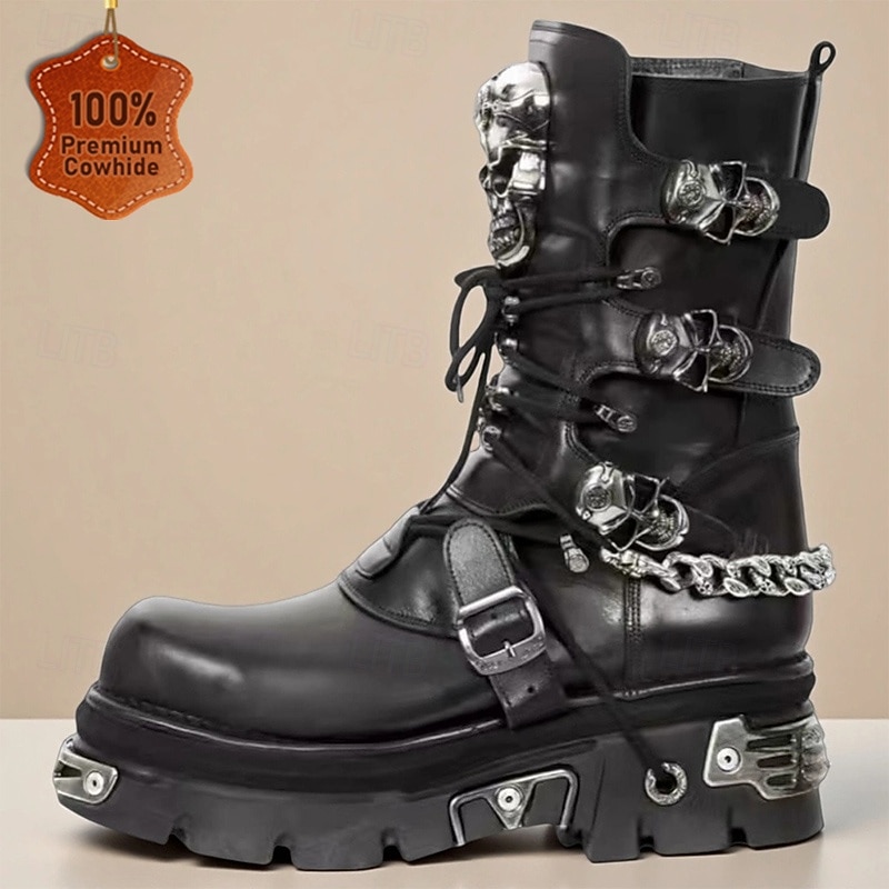 Men's Black Gothic Combat Boots with Skull Buckles – Punk Style Lace-Up Ankle Boots for Motorcycle Riding and Halloween