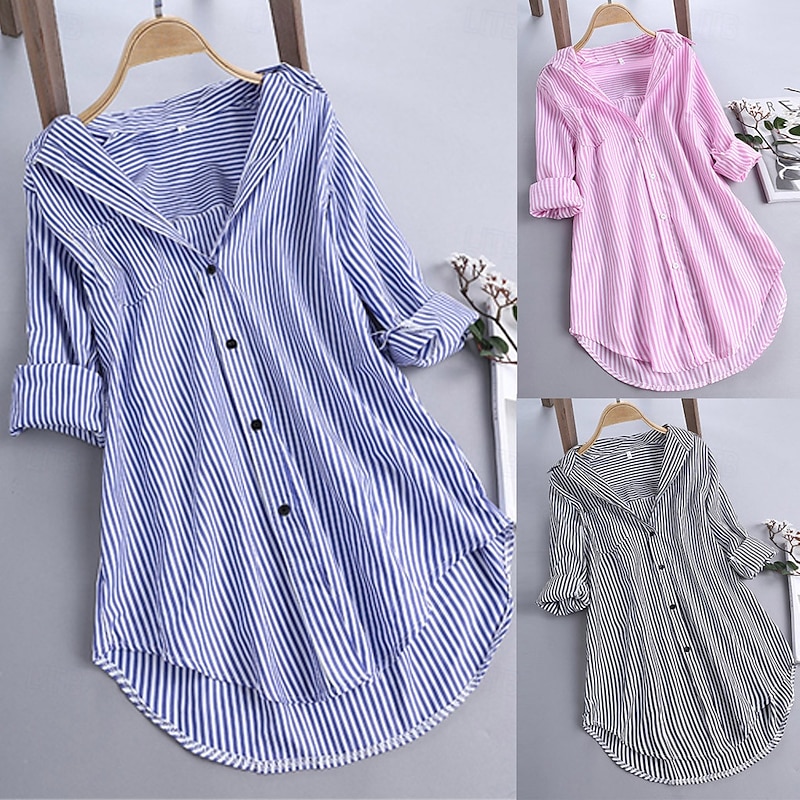 Women's Casual Jacket Shacket Comfortable Breathable Pocket Buttons Print Casual Stripe Vacation Street Daily Wear Going out Single Breasted Long Stand Collar Regular Fit Long Sleeve Outerwear Black