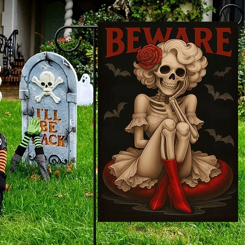 Halloween Garden Flag Banner – "Beware" Skeleton Sitting on Scarecrow Stool, Double-Sided Weather-Resistant Yard Flag for 2025 Halloween Holiday Outdoor Lawn, Porch Decoration4