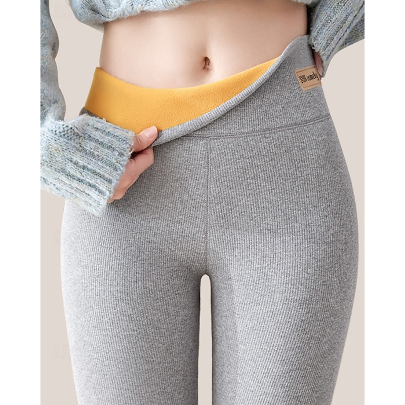 Women's Slacks Leggings Cozy Fleece Lined Streetwear Casual Full Length Natural Plain Elastic Waist Soft Outdoor Vacation Holiday Dark-Gray Black Light Grey Winter Regular Fit