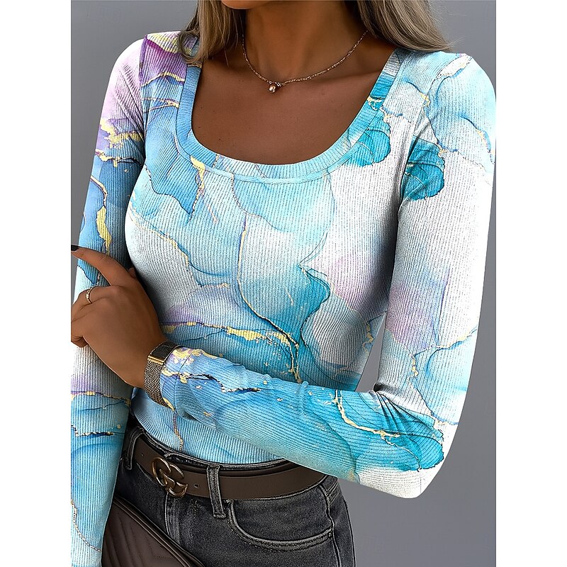 Women's T Shirt Ribbed Graphic Square Neck Long Sleeve Casual Ombre Abstract Vintage Stylish Regular Tops Daily Print Blue Sky Blue Orange Brown Green Spring Fall2