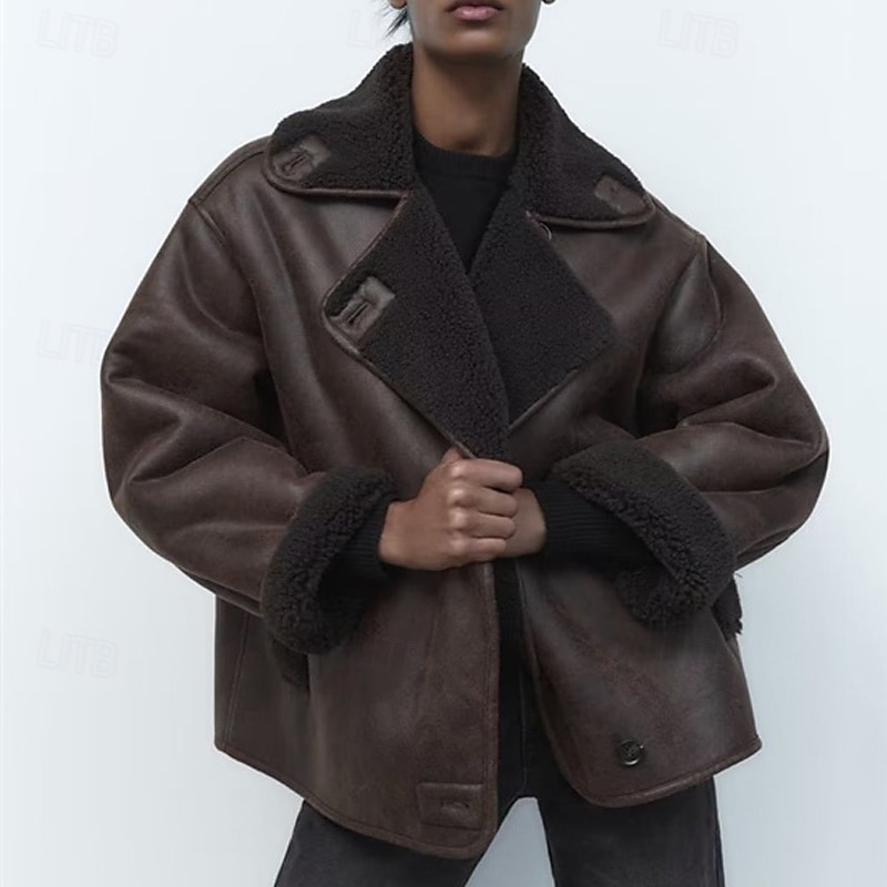 Women's Fleece Jacket Casual Jacket Suede Vest Windproof Warm Pocket Fashion Modern Casual Solid Color Going out Weekend Single Breasted Regular Lapel Regular Fit Long Sleeve Outerwear Brown Beige