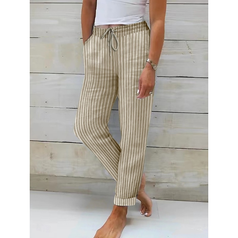 Women's Cotton Linen Pants Pants Trousers Streetwear Casual Long High Waist Stripe Pocket Printing Elastic Drawstring Design Breathability Soft Micro-elastic Vacation Street Daily Wear Black Pink4