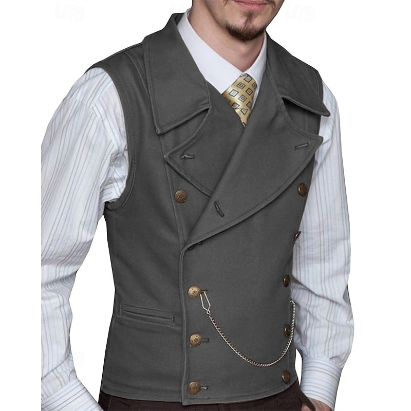 Men's Vest Waistcoat Gilet Vacation Party Business Fashion Casual Spring Fall Pocket Buttons Polyester Comfortable Plain Double Breasted Lapel Regular Fit Silver Black White Wine Vest3