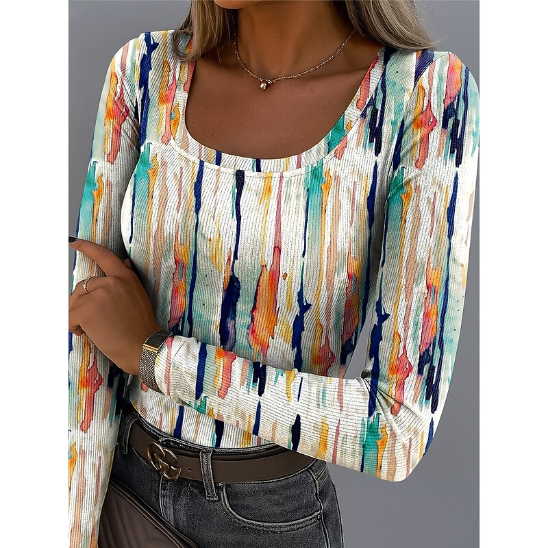 Women's T Shirt Ribbed Graphic Square Neck Long Sleeve Casual Geometric Classic Regular Tops Daily Print White Light Green Dark Green Orange Khaki Spring Fall4