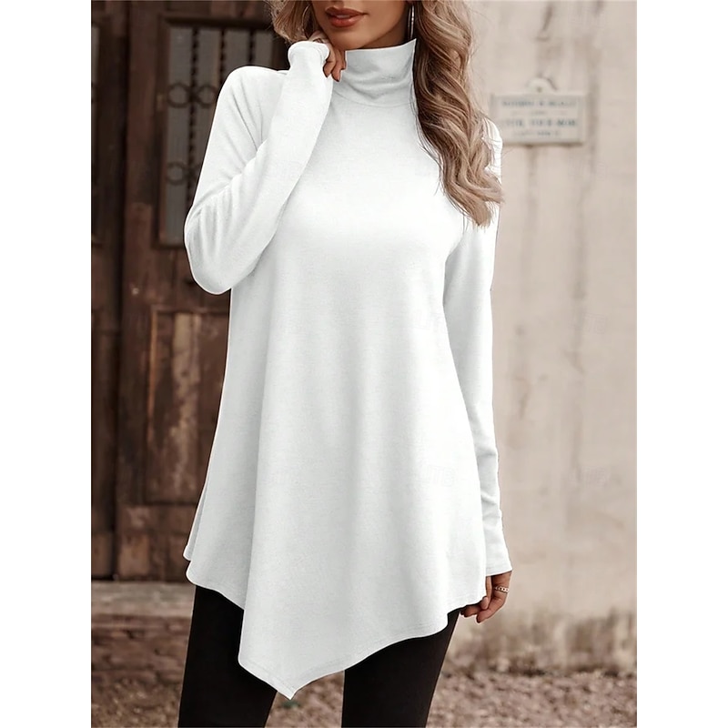 Women's T shirt Long Sleeve Graphic Plain Stylish Classic Casual Long Sleeve Turtleneck Tops Party Evening Wear Daily Going out Asymmetrical Black White Pink Blue Fall Winter Spring Fall Prefall