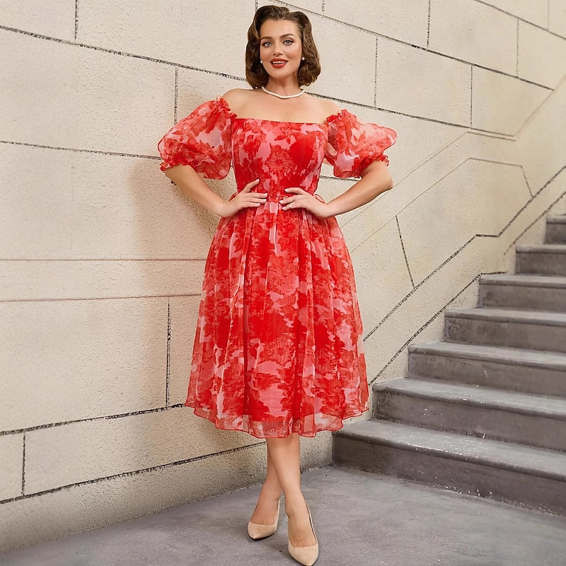 Retro Vintage 1950s Rockabilly Midi A Line Dress Flare Dress Plus Size Off Shoulder Floral A-Line Fancy Dress Women's Vacation Homecoming Party & Evening Adults Dress Spring & Summer2