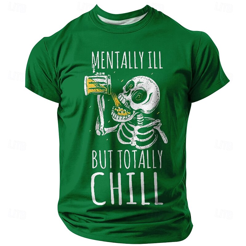 Men's Funny 'Mentally Ill But Totally Chill' Skeleton Drinking Short Sleeve Graphic T-Shirt, Red2
