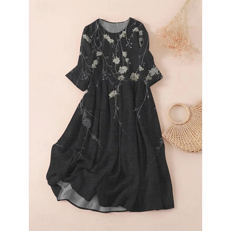 Women's Midi Dress T Shirt Dress Tee Dress A Line Dress Summer Dress Vacation Casual Beach Date Summer Dress Regular Fit Floral Graphic Short Sleeve Crew Neck Dark Brown Black White Light Green4
