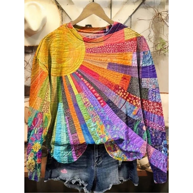 Women's Pullover Sweatshirt Floral Graphic Geometric Warm Active Vintage Long Sleeve Crew Neck Round Neck Regular Tops Street Dailywear Casual Print Yellow Blue Purple Spring Fall Winter3