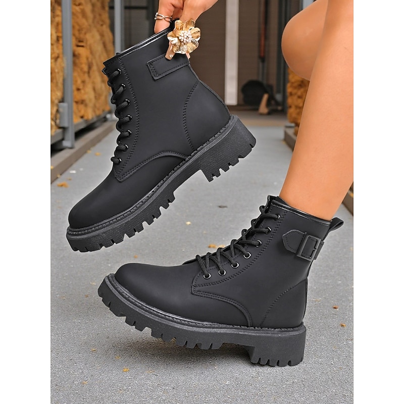 Women's Lace-Up Combat Boots with Side Buckle – Durable Anti-Slip Sole, Casual Outdoor & Farm Style, Perfect for Fall and Winter Wear