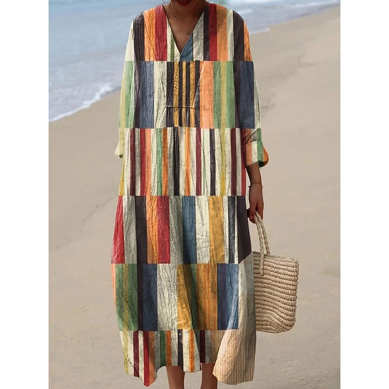 Women's Midi Dress V Neck Long Sleeve Kaftan Lightweight Loose Fit Shift Dress Casual Going out Loose Fit Graphic Geometric Long Sleeve V Neck Dark Yellow Yellow Pink Blue Fall4