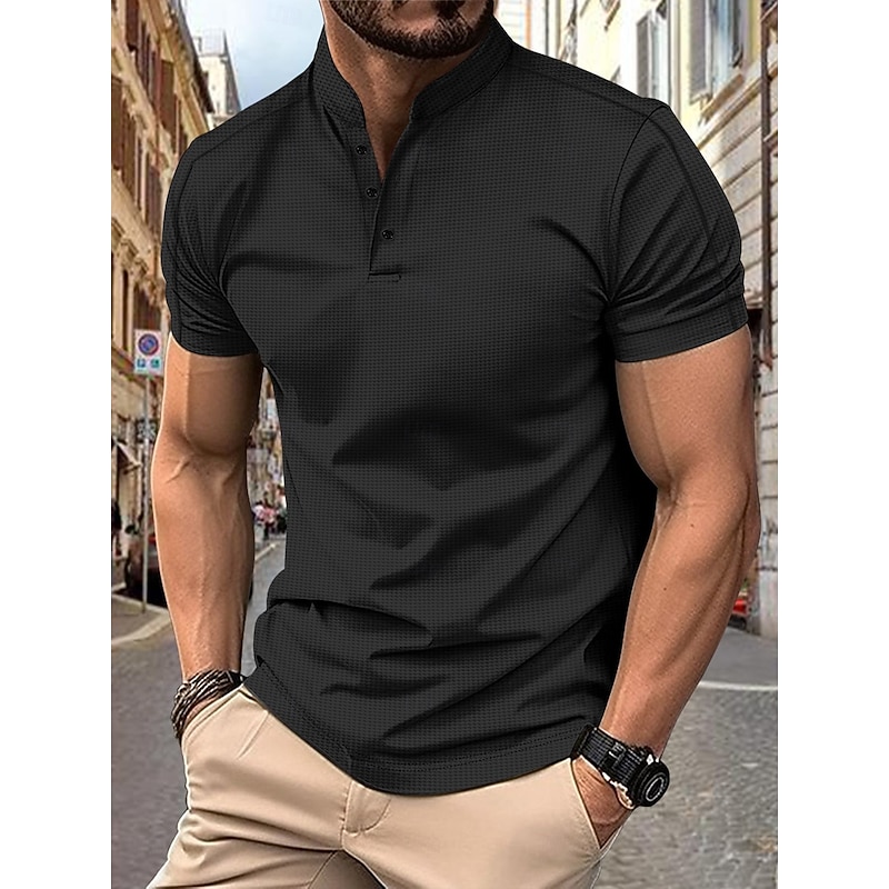 Men's Polo Shirts Collarless Golf Shirts Casual Stand Collar Short Sleeve Basic Comfortable Plain Buttons Summer Spring Regular Fit Black White Navy Blue Gray Polo Shirts3
