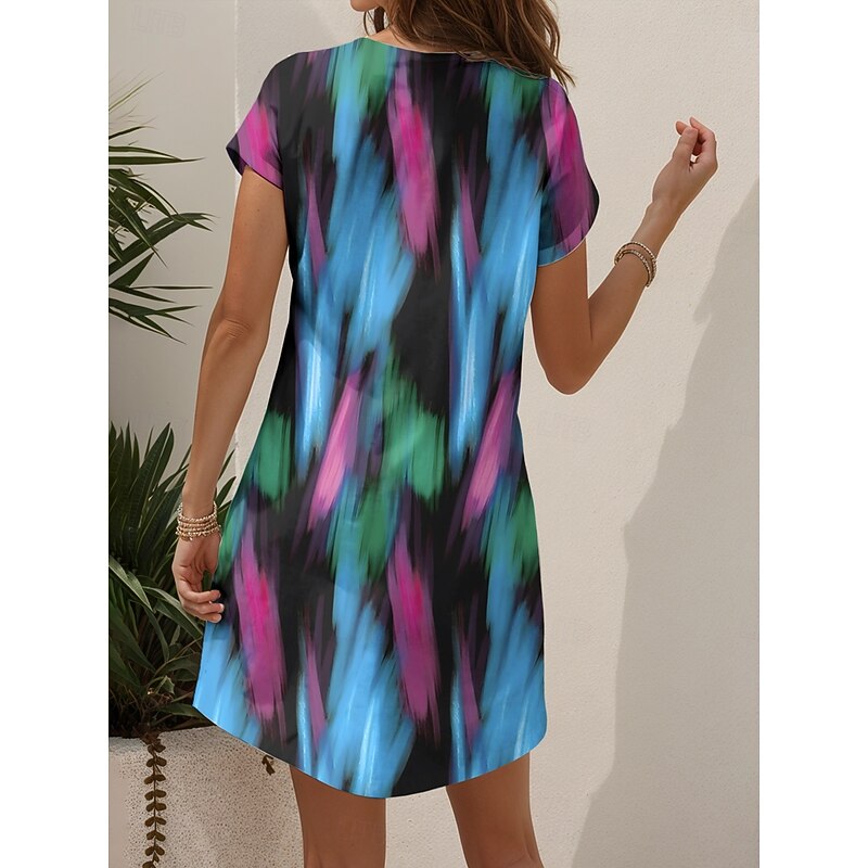 Women's Mini Dress Knit Dress Casual Dress T Shirt Dress Tee Dress Sundress Elegant Vacation Casual Beach Regular Fit Graphic Geometric Abstract Short Sleeve V Neck Black And White Yellow Pink Blue2