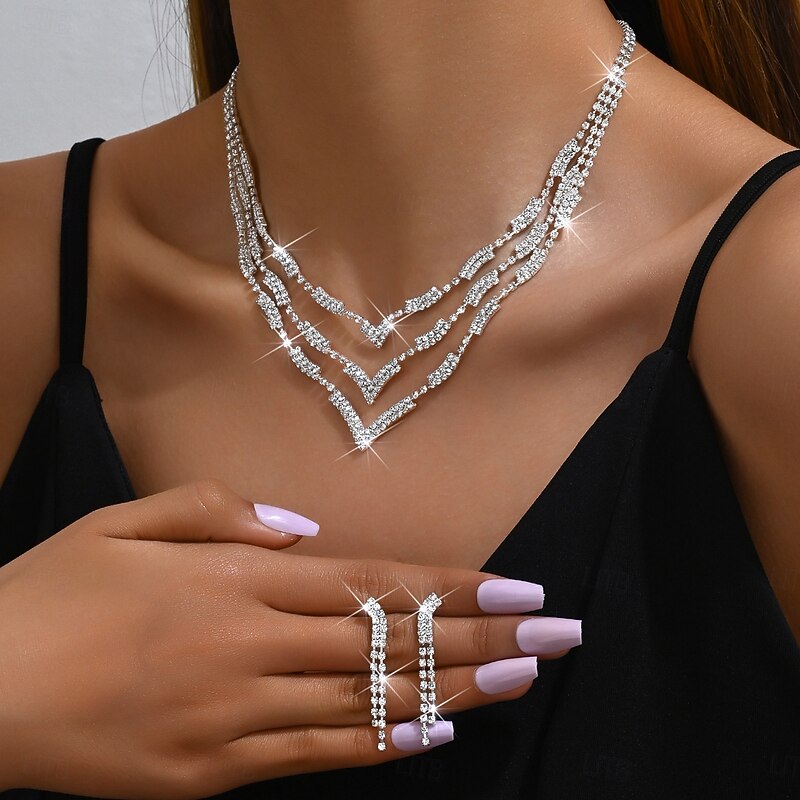 Bridal Jewelry Sets Two-piece Suit Zircon Imitation Diamond 1 Necklace Earrings Women's Elegant Classic Sweet Lovely Layered Love Precious Jewelry Set For Wedding Birthday Gift4