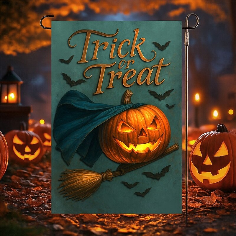 Halloween Garden Flag Banner – "Trick or Treat" Pumpkin with Witch's Broom, Double-Sided Weather-Resistant Yard Flag for 2025 Halloween Holiday Outdoor Lawn, Porch Decoration3