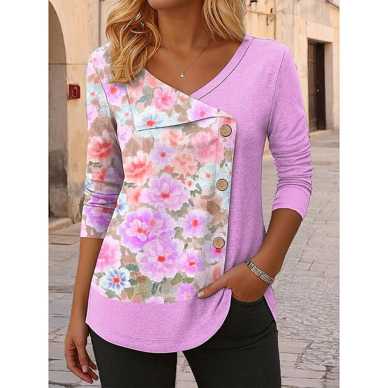 Women's Blouse Tunic V Neck Long Sleeve Buttons Floral Graphic Vintage Stylish Modern Regular Tops Daily Patchwork Print Pink Blue Purple Spring Fall Winter3