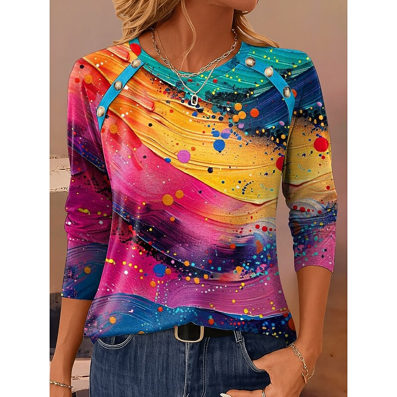 Women's T Shirt Graphic Geometric Vintage Casual Long Sleeve Crew Neck Regular Tops Daily Buttons Print Yellow Pink Blue Orange Spring Fall Winter4