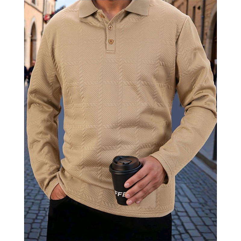 Men's Golf Shirt Golf Polos Shirts Work Casual Lapel Long Sleeve Basic Modern Plain Buttons Jacquard Spring Fall Regular Fit Black White Navy Blue Khaki Army Green Gray Golf Shirt