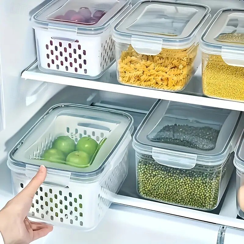 6-Pack BPA-Free Polypropylene Food Storage Containers with Lids, Stackable Refrigerator Organizer Bins with Drain Tray for Fruits, Vegetables, and Dry Goods, Versatile Kitchen Storage System Ideal for Camping and Dining2
