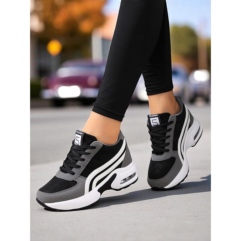 Women's Black and Gray Chunky Running Sneakers – Breathable Mesh Lace-Up Trainers, Casual Sporty Walking Shoes for Gym, Travel and Everyday Wear3