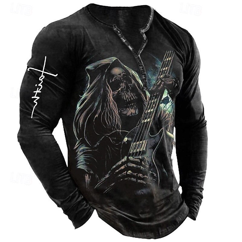 Men's Halloween Graphic Skull Skeleton Henley Shirt Tee Long Sleeve 3D Print Fashion Designer Comfortable Outdoor Casual Daily Spring &  Fall Black Henley Henley T-Shirt