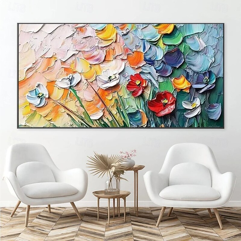 Large 3D flower oil painting Handmade Textured landscape Oil Painting Vibrant Multicolor Floral painting Bouquet Modern artwork picture for  Living Room Decor Modern Colorful Flower picture Room Decor