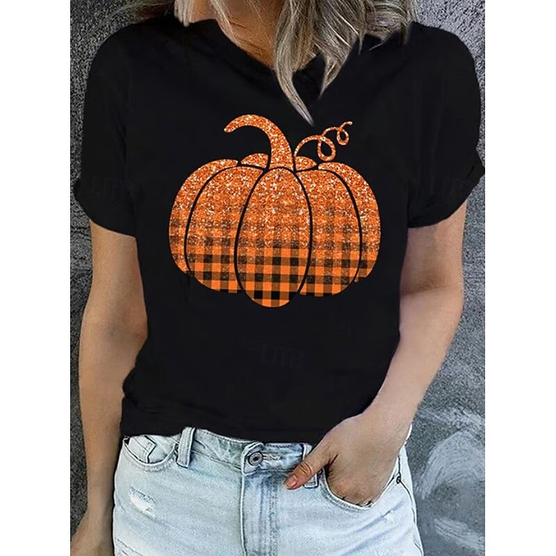 Halloween Women's T shirt Pumpkin Graphic Vintage Stylish Classic Short Sleeve Crew Neck Round Neck Regular Tops Daily Weekend Print Black White Yellow Pink Red Summer Fall2