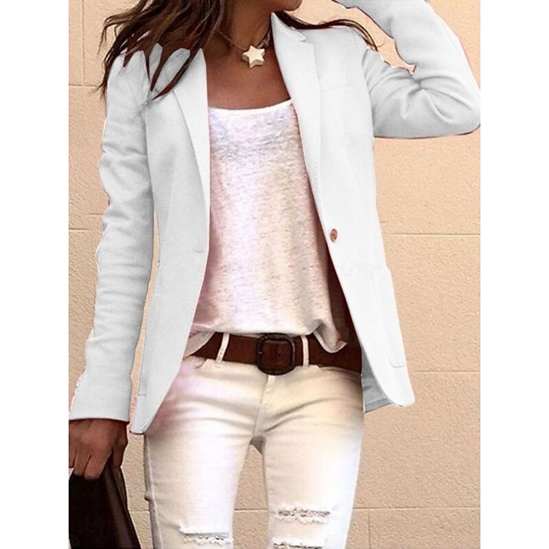 Women's Blazer Comfortable Breathable Pocket Fashion Daily OL Style Plain Office Work Casual Single Breasted Regular Lapel Regular Fit Long Sleeve Outerwear Black White Khaki Summer Spring2