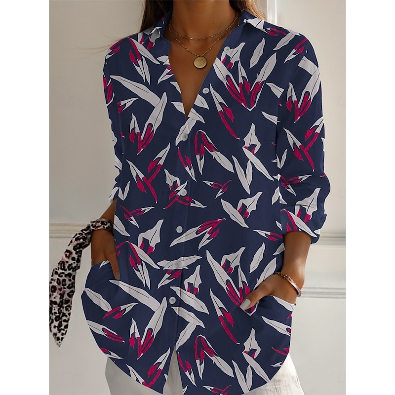 Women's Shirt Leaf Active Daily Stylish Long Sleeve Shirt Collar Regular Tops Daily Holiday Buttons Print Navy Blue Spring Fall