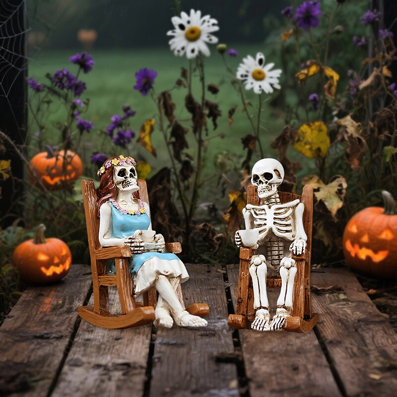 Halloween Resin Rocking Chair Skeleton Couple Figurine, Spooky Coffee Time Skeletons Decoration for Outdoor Yard, Planter, and Home Display