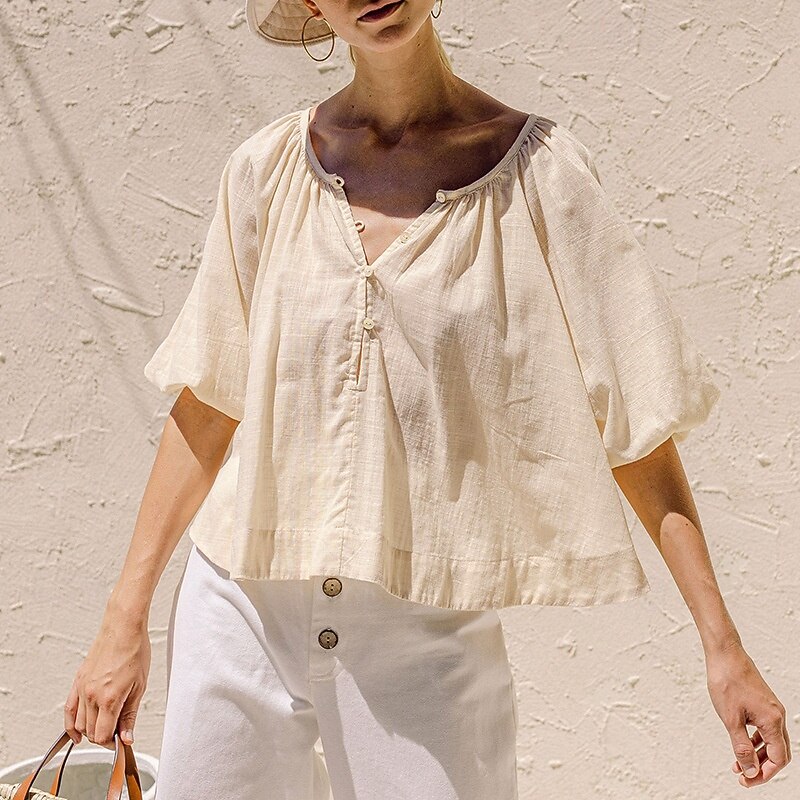 Women's 100% Cotton Shirt Blouse Plain Elegant Vintage Daily Half Sleeve Lantern Sleeve Crew Neck V Neck Regular Tops Daily Holiday Going out Ruched White Apricot Summer Spring Fall