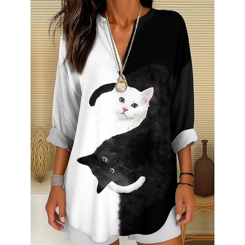 Women's Blouse Tunic V Neck Long Sleeve Boho Casual Summer Tops Graphic Animal Cat Vintage Tropical Regular Tops Daily Wear Print Black And White Yellow Pink Red Blue