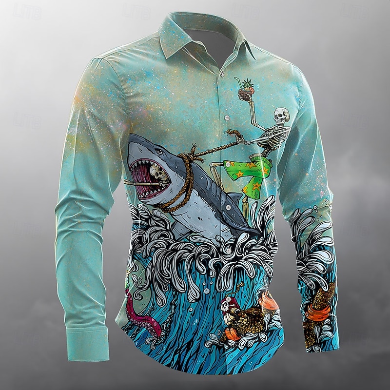 Great White Wave by David Lozeau Men's Skull Shark Button Up Shirt Long Sleeve Designer Shirt Limited Artist Edition