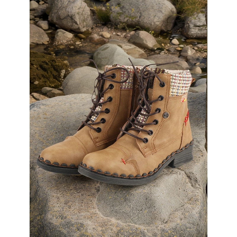 Women's Retro Lace-Up Ankle Boots – Vintage Casual Combat Boots with Woven Trim for Fall Farm Trips, Outdoor Adventures and Street Style