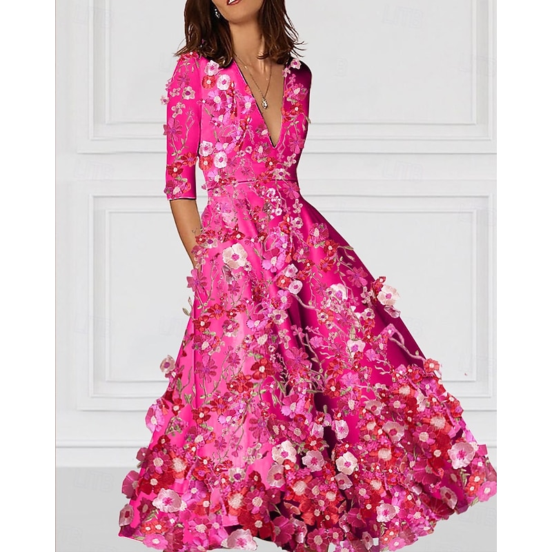 A-Line Cocktail Floral Elegant Dress Formal Wedding Ankle Length Half Sleeve V NeckDress Stretch Crepe with Embroidery Pocket