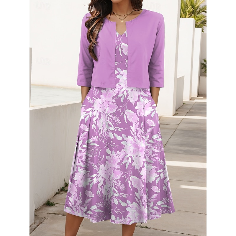 Women's Two Piece Dress Sets Midi Dress with Jacket Elegant A Line Dress Half Sleeve Party Semi Formal Floral Graphic Print V Neck Wedding Guest Daily Blue Purple Green Regular Fit3
