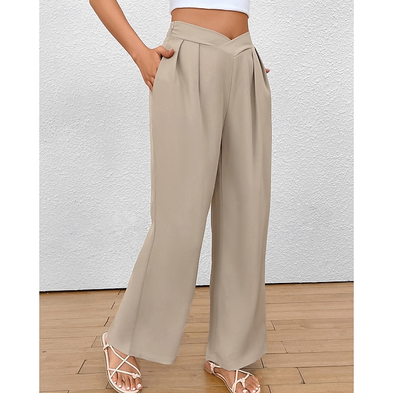 Women's Wide Leg Slacks Streetwear Casual Full Length Natural Plain Pocket Elastic Waist Comfortable Street Holiday Weekend Black Khaki Fall Regular Fit3