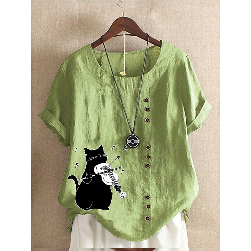 Women's Cotton Linen Shirts Animal Cat Elegant Vintage Tropical Sleeveless Short Sleeve Crew Neck Regular Tops Daily Holiday Vacation Wear Buttons Grass Green White Yellow Pink Army Green Summer3