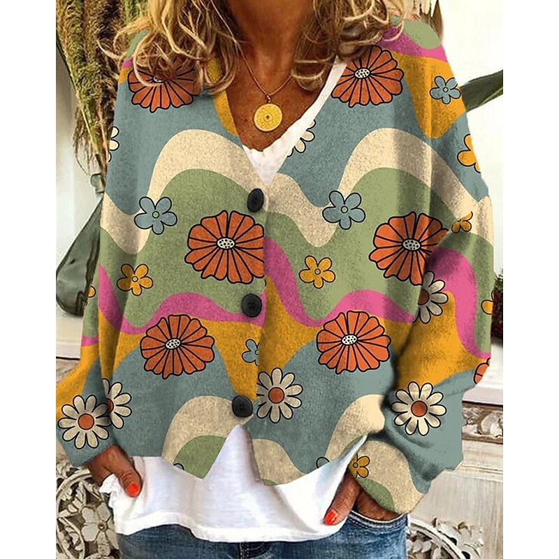 Women's Sweater Cardigan Fashion Streetwear Daily Floral Ribbed V Neck Knitted Long Sleeve Regular Tops Knit Holiday Going out Weekend Blue Green Fall Winter
