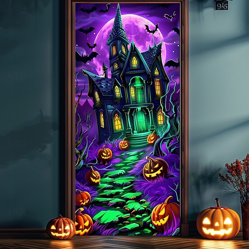 Halloween Door Cover Neon Haunted House with Full Moon Banner, Glowing Blacklight Entrance Decoration for Outdoor & Indoor 2025 Halloween Bedroom, Living Room, Bathroom2
