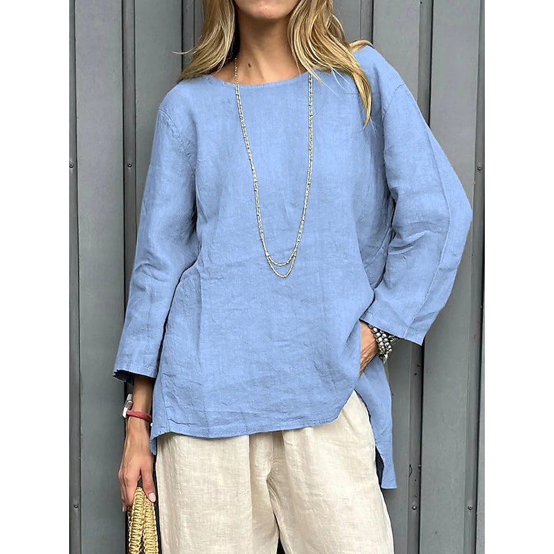 Women's Blouse Solid Color Vintage Casual Boho Long Sleeve Round Neck Regular Tops Daily Weekend Patchwork White Yellow Red Sky Blue Khaki Spring, Fall, Winter, Summer2