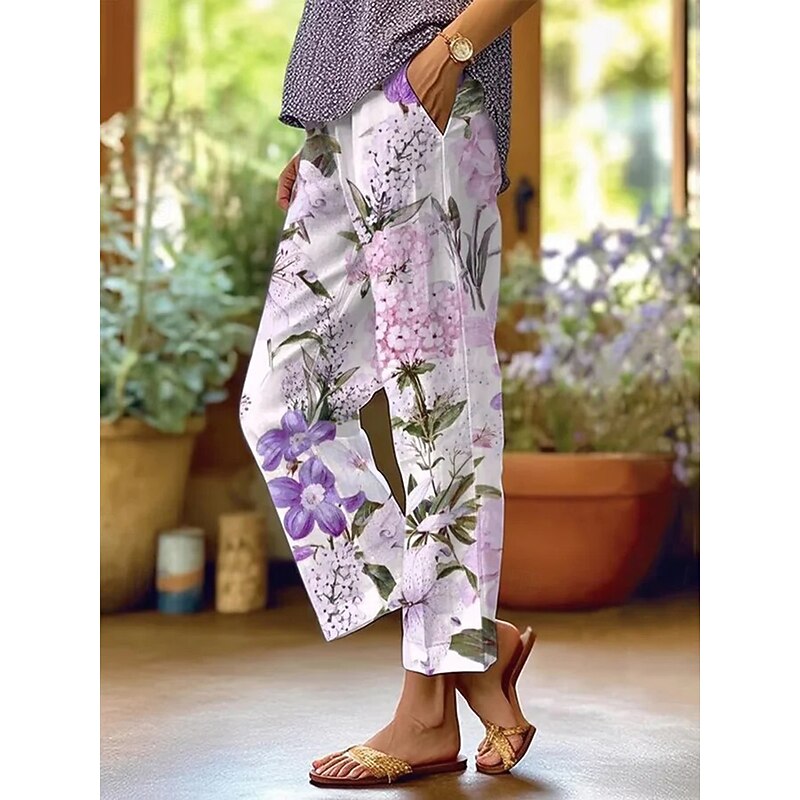 Women's Chinos Vacation Vintage Casual Full Length High Waist Floral Graphic Pocket Soft Outdoor Breathable Inelastic Formal Outdoor Vacation Violet Pink Summer Spring Fall Regular Fit
