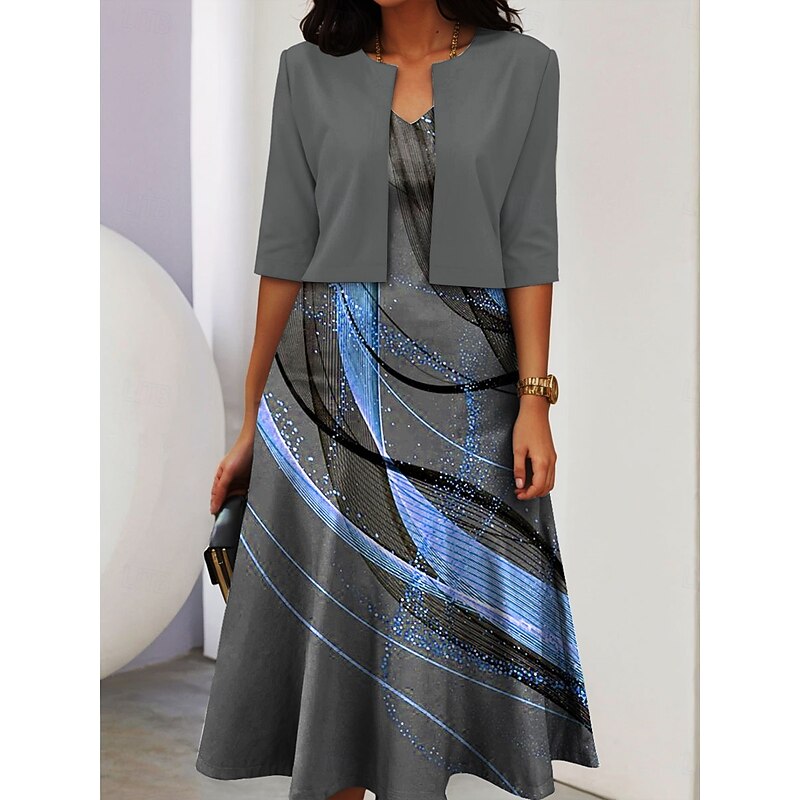 Women's Two Piece Dress Sets Midi Dress with Jacket Elegant A Line Dress Half Sleeve Casual Semi Formal Ombre Graphic Print V Neck Formal Yellow Blue Purple Spring Fall Regular Fit4