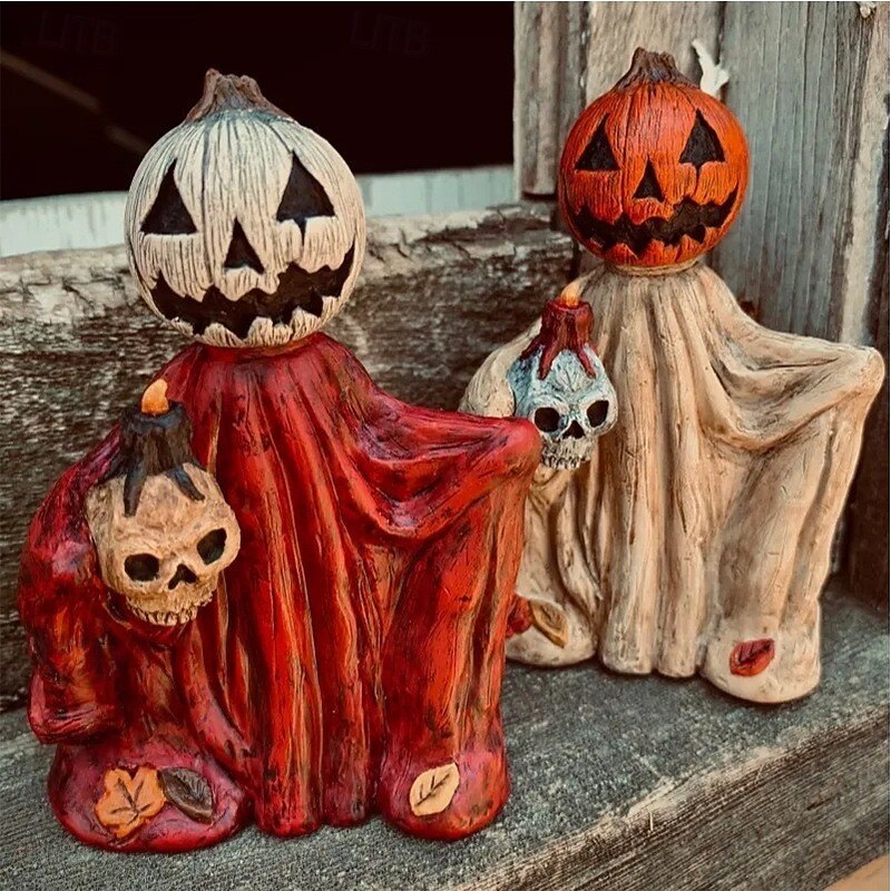 Halloween Resin Pumpkin Wizard Figurine, Cloak Witch Tabletop Decoration, Spooky Home Decor for Entryway, Mantel, Shelf, Indoor Display