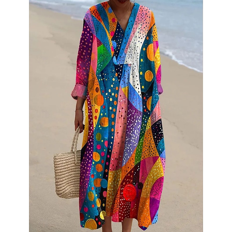 Women's Midi Dress V Neck Long Sleeve Kaftan Lightweight Loose Fit Shift Dress Casual Going out Loose Fit Graphic Geometric Long Sleeve V Neck Dark Yellow Yellow Pink Blue Fall2