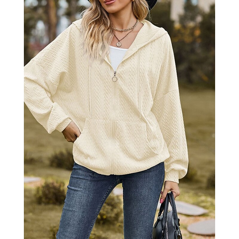 Women's Texture Sweatshirt Zip Up Hoodies Plain Streetwear Casual Long Sleeve Hooded Regular Tops Street Holiday Going out Zipper Pocket Light Pink Black Wine Navy Blue Blue Fall Winter