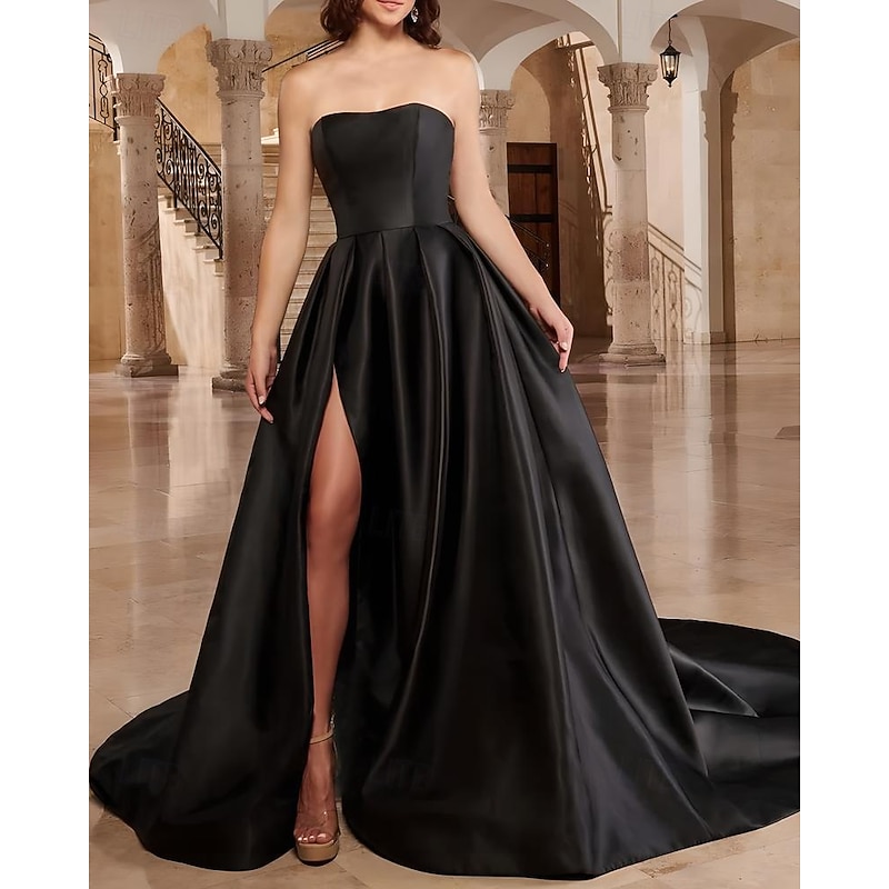 Black Evening Gown Ball Gown Cape Dress Detachable Cape Evening Gown Elegant Dress Formal Wedding Chapel Train Sleeveless Long Sleeve Floral Lace with Slit2