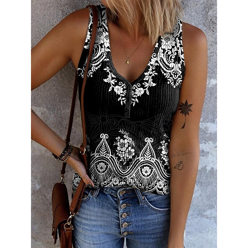 Women's Camisole Tank Top Graphic Geometric Bohemia Vintage Stylish Sleeveless V Neck Regular Tops Daily Print Black Pink Light Brown Orange Brown Summer Spring