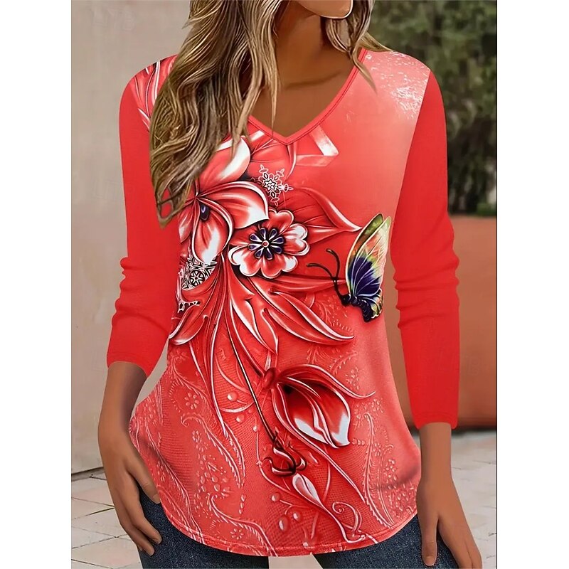 Women's T Shirt V Neck Long Sleeve Tunic Floral Graphic Geometric Bohemia Vintage Tropical Short Sleeve Regular Tops Daily Going out Weekend Print Yellow Red Blue off-white Gray Summer Spring3